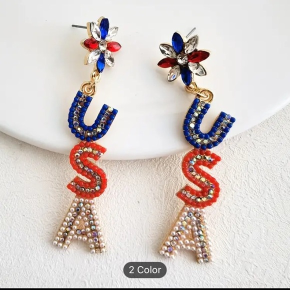 USA 4th of July patriotic earrings blue red white zircon rice beads flower NWT - Picture 3 of 4